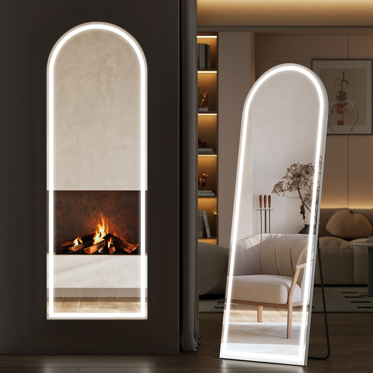 Sweetcrispy front arched LED mirror showing full-length reflection and brightness benefit