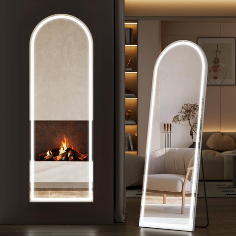 Sweetcrispy front arched LED mirror showing full-length reflection and brightness benefit