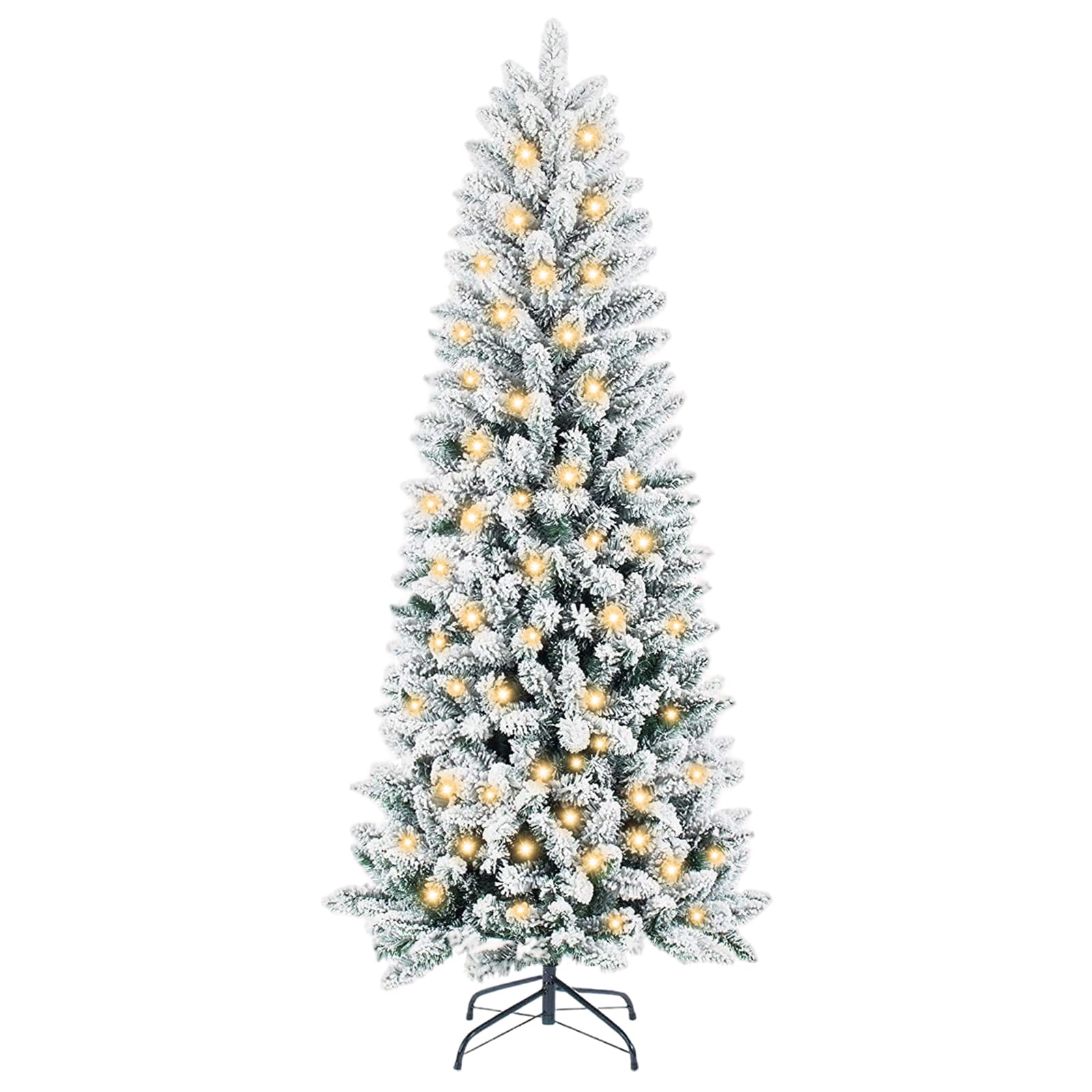 Sweetcrispy front view of assembled tree showing snowy flocking and lights benefit: instant holiday mood