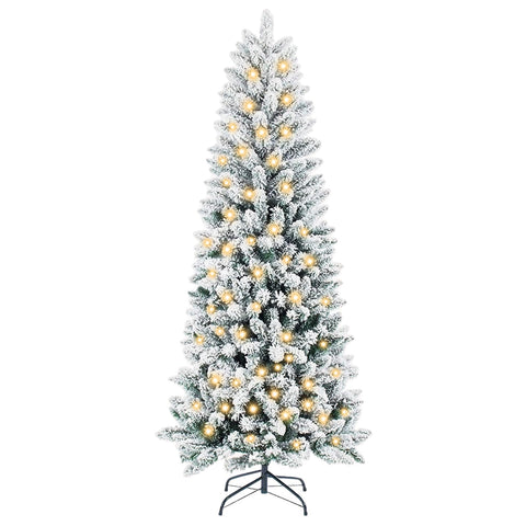 Sweetcrispy front view of assembled tree showing snowy flocking and lights benefit: instant holiday mood