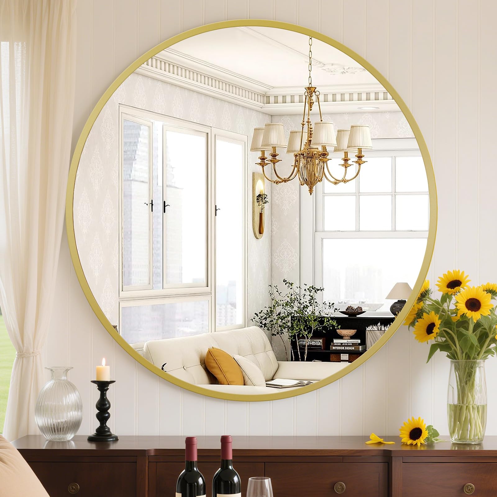 Sweetcrispy front view of 24-inch round mirror showing clean reflection benefit