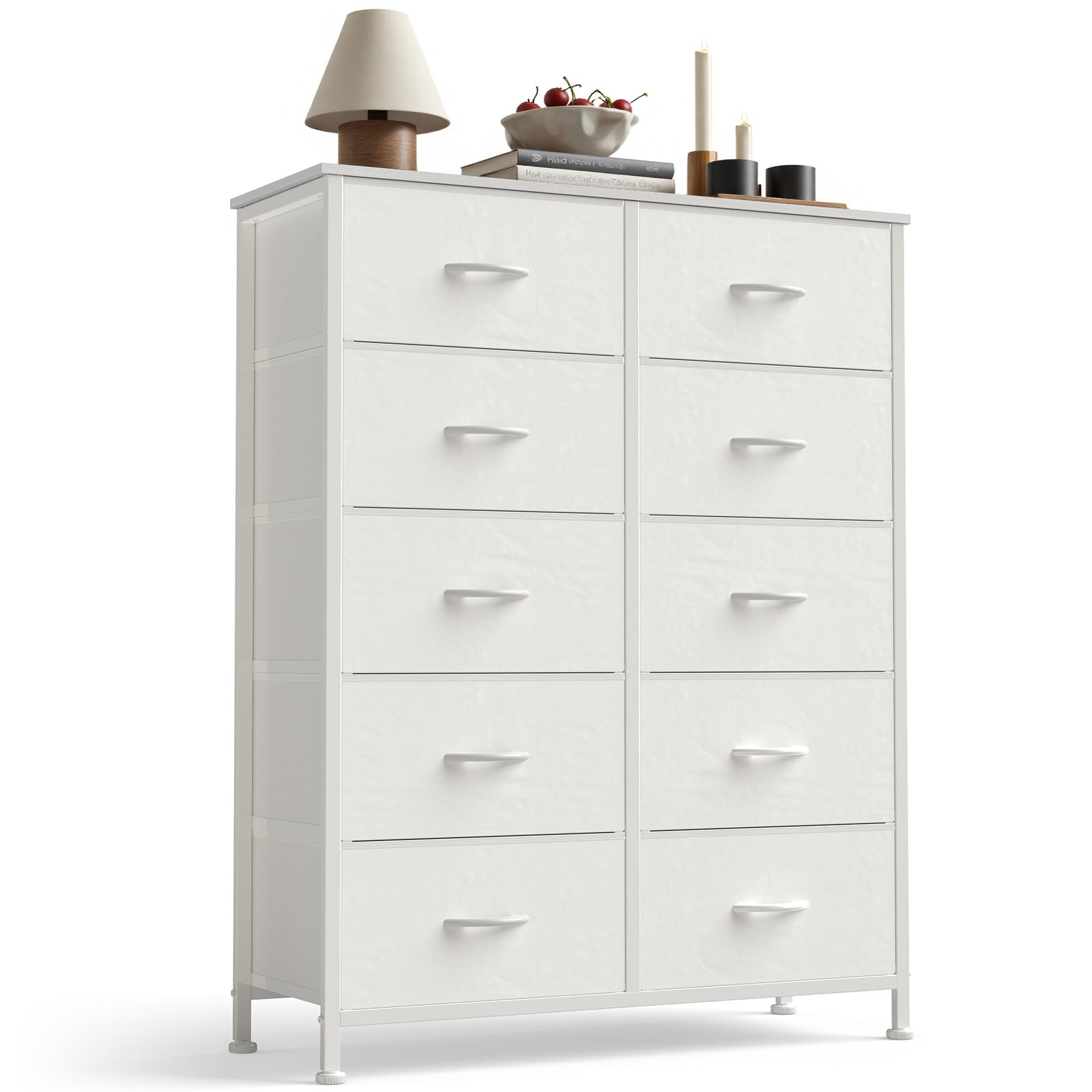 Sweetcrispy front view of white 10-drawer dresser showing compact storage benefits