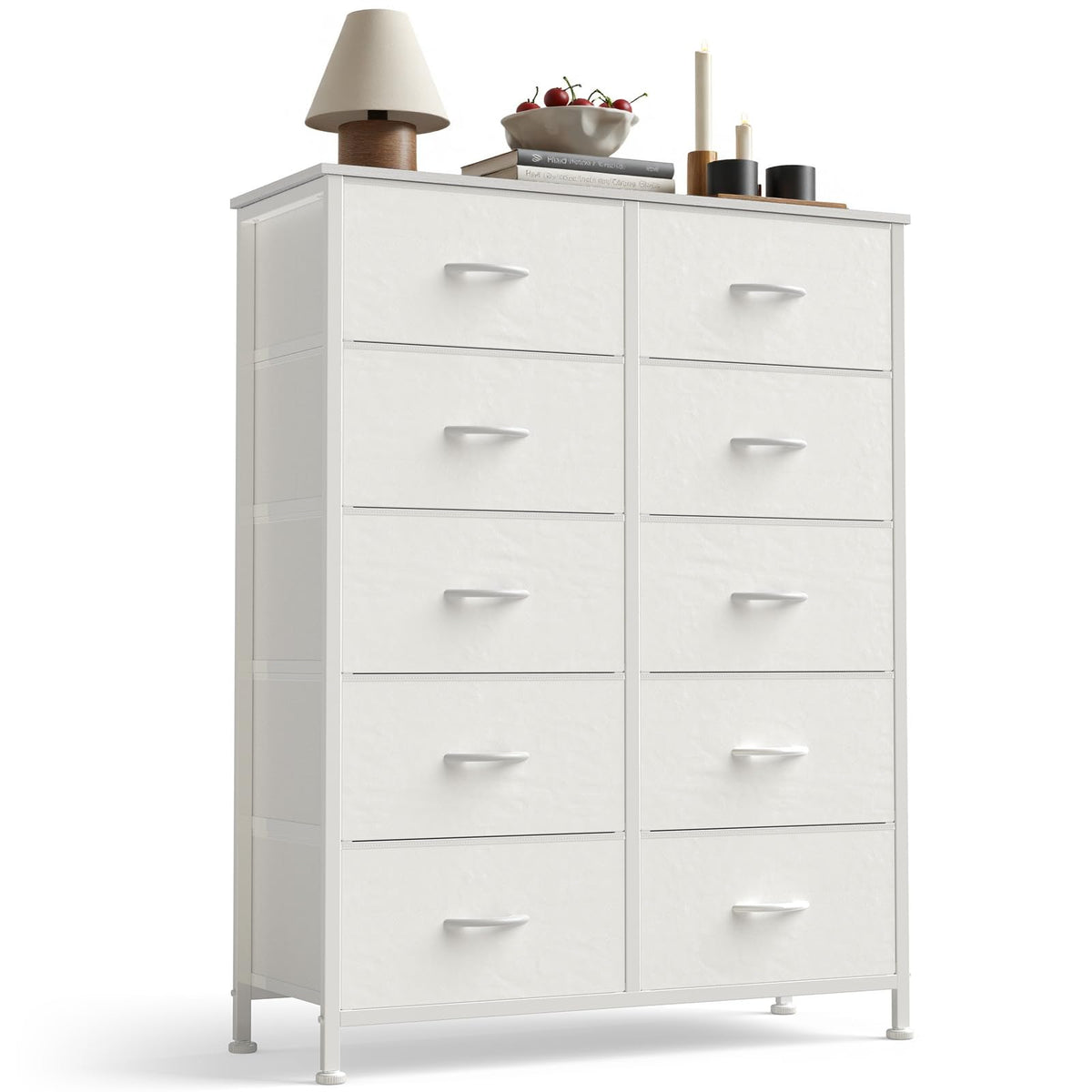 Sweetcrispy front view of white 10-drawer dresser showing compact storage benefits