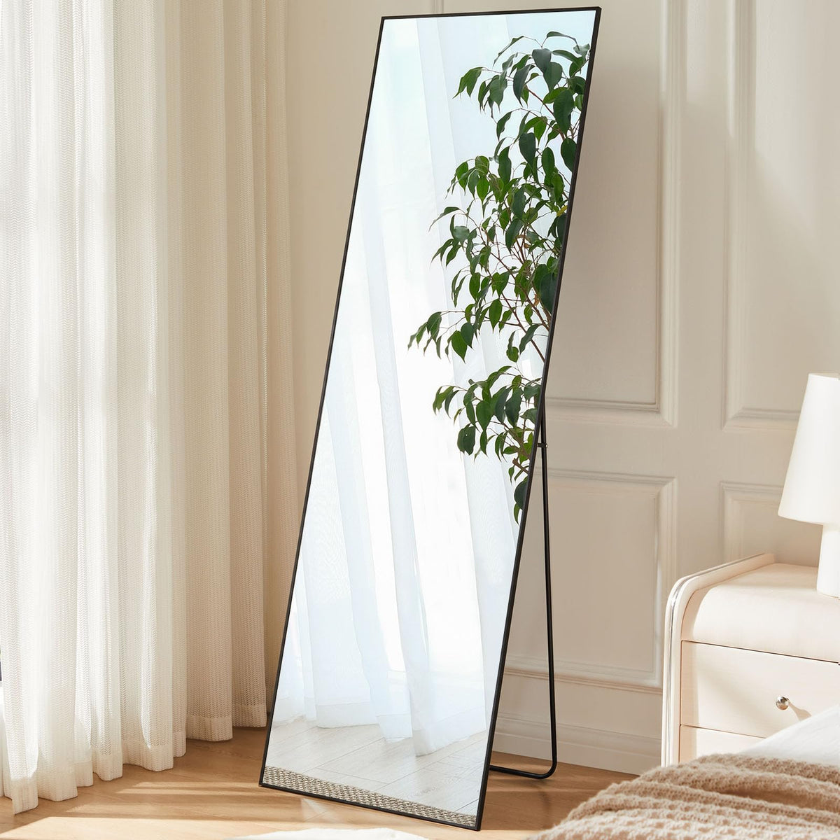 Sweetcrispy full-length mirror front view showing slim black frame and full-body reflection benefit