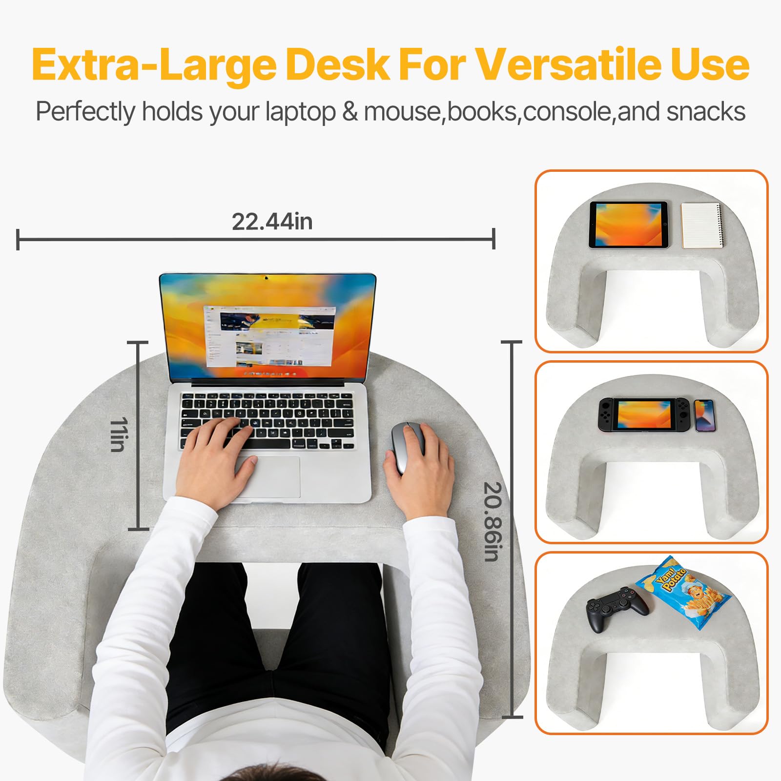 Sweetcrispy in use on bed with user typing laptop showing comfortable posture and convenience