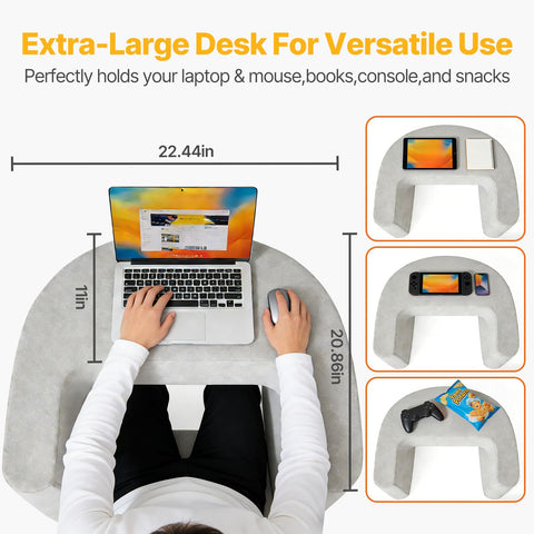 Sweetcrispy in use on bed with user typing laptop showing comfortable posture and convenience
