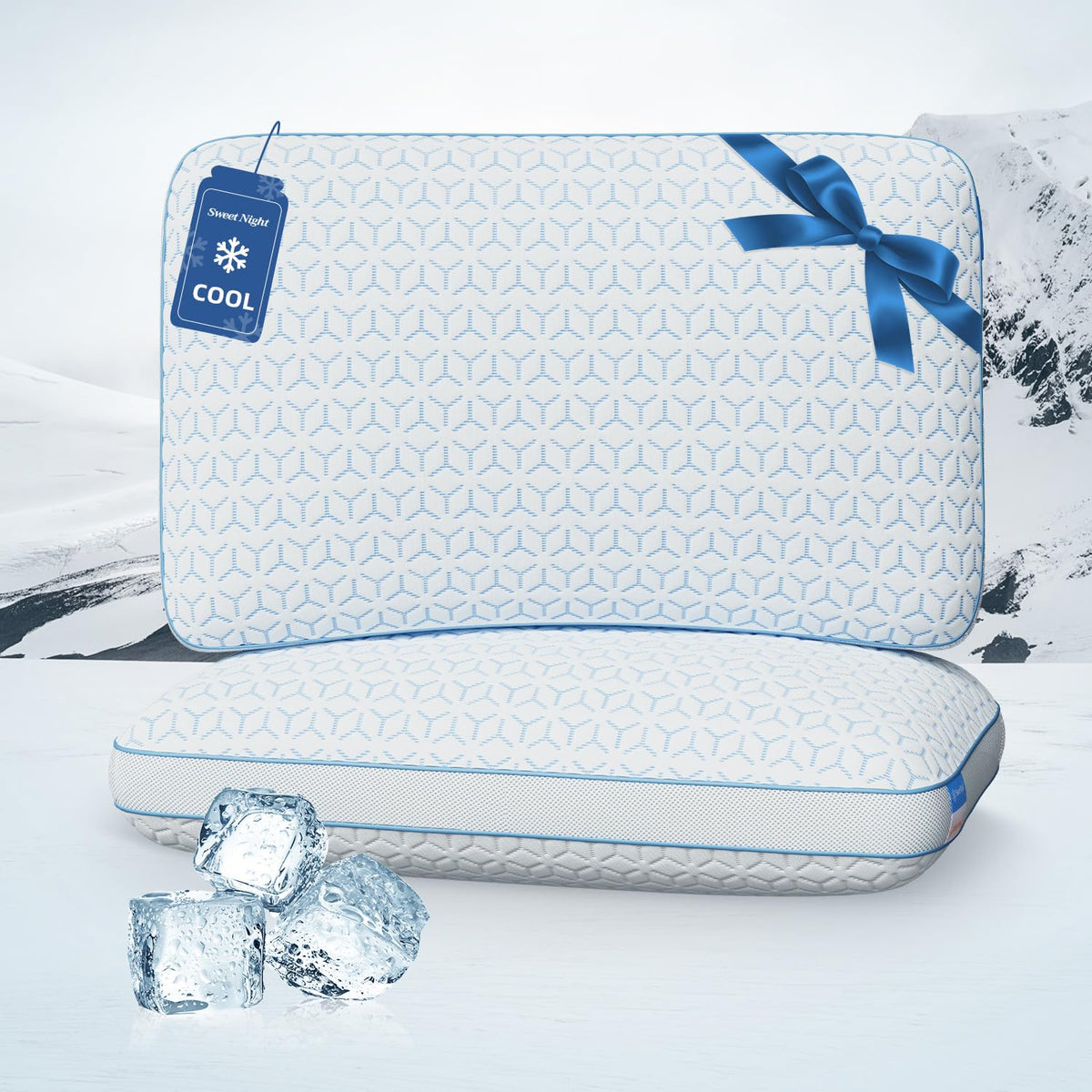 Sweetnight front view of two queen pillows showing pack and benefits