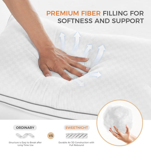 SweetNight two queen pillows on bed comparing 18x28 scale and balanced support