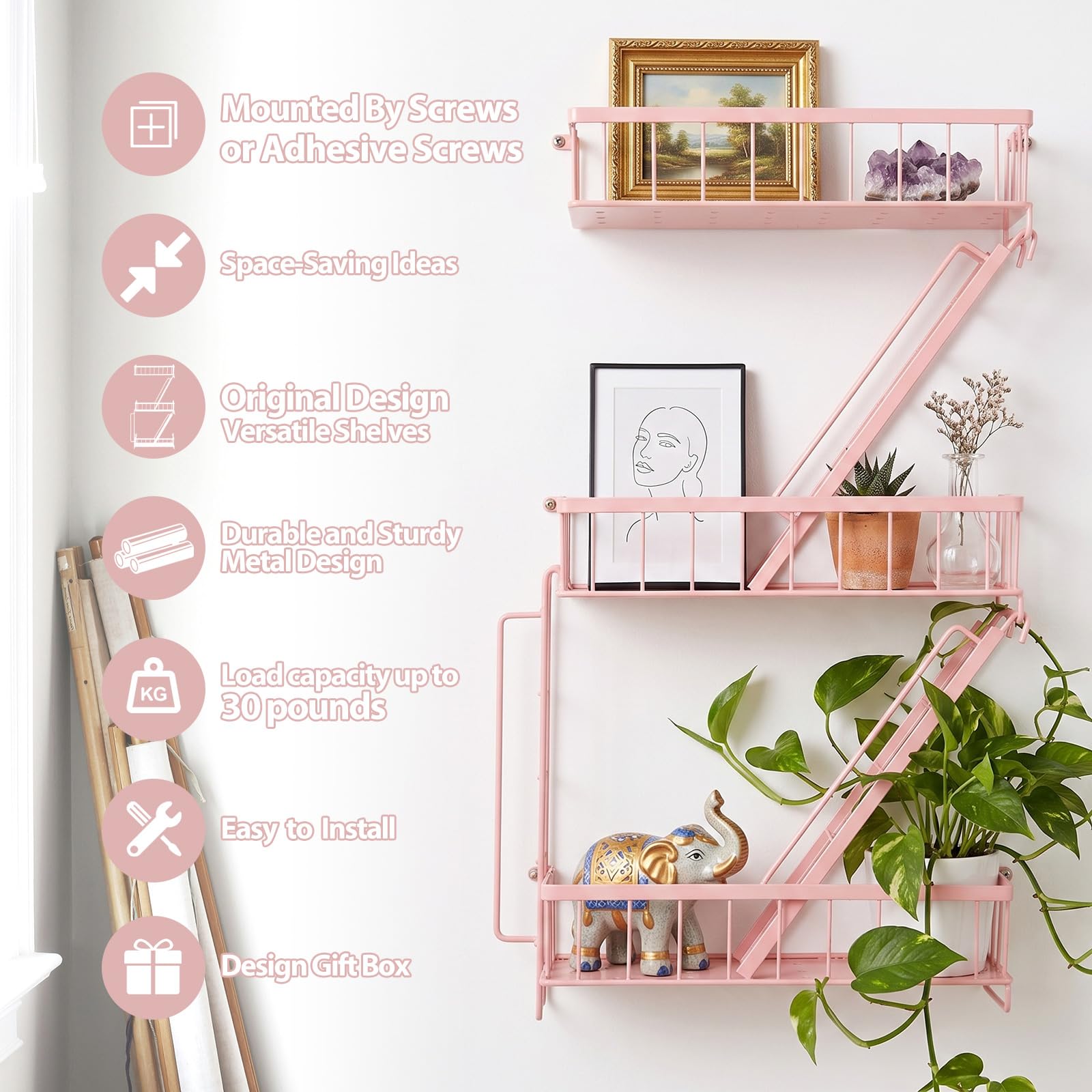 SweetSage mounted shelves holding plants and photos to maximize space