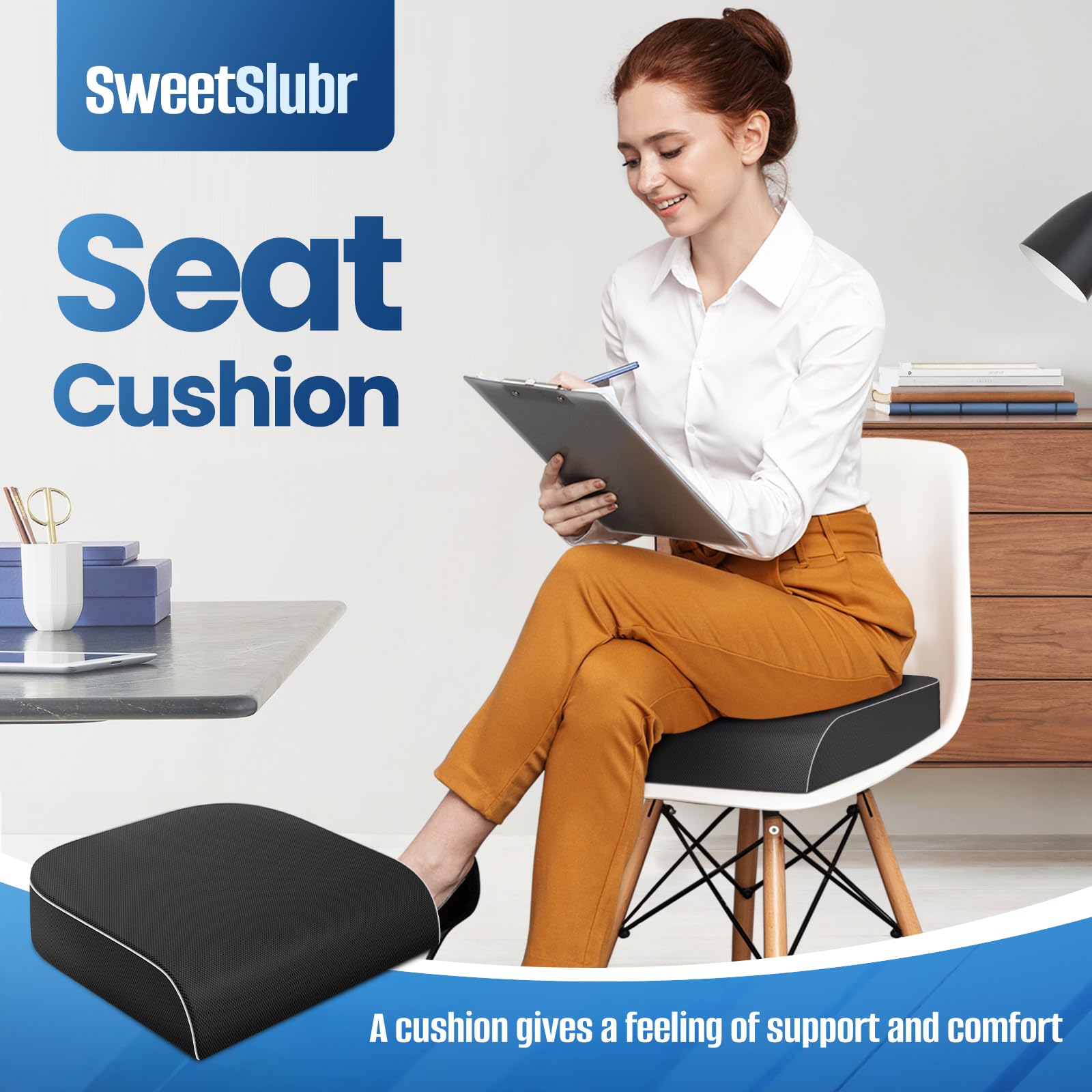 SweetSlubr cushion beside laptop to show extra-large size
