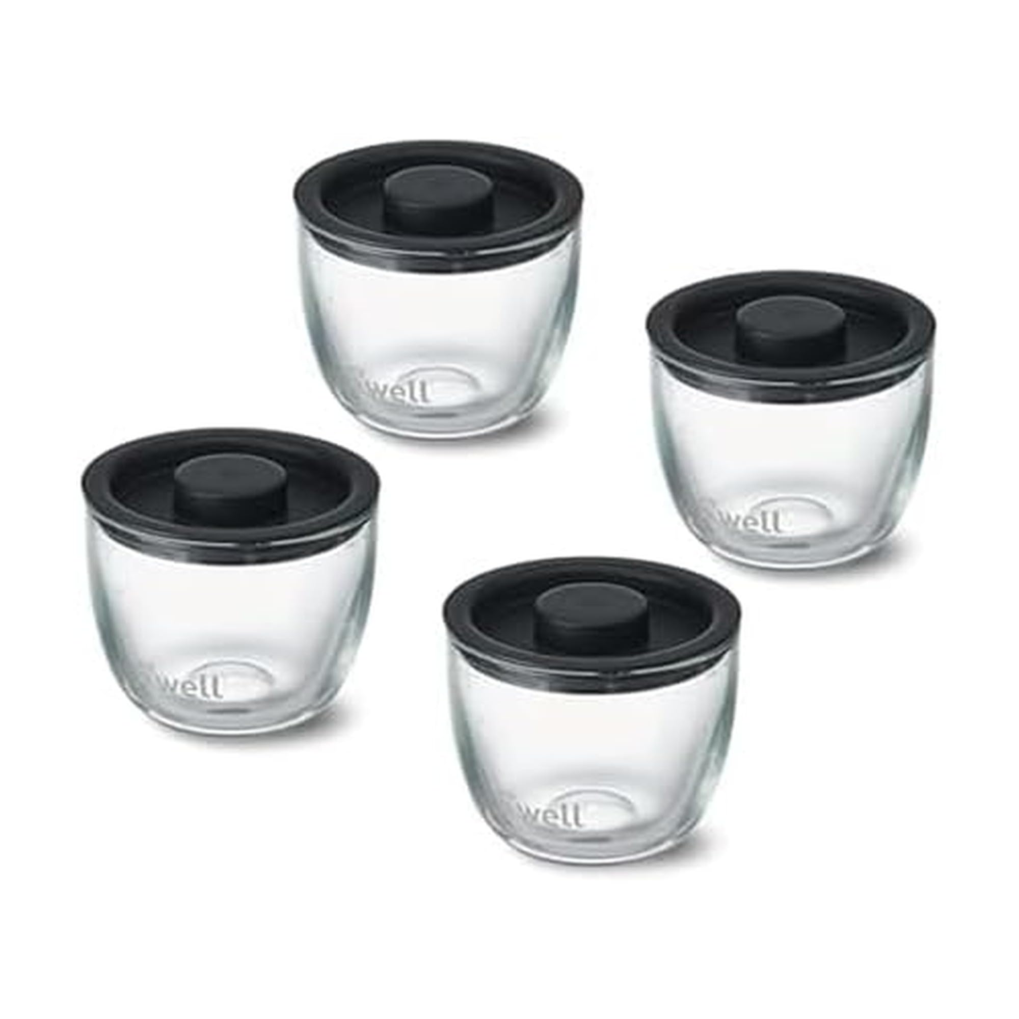 S'well front view of four 12oz glass prep bowls showing packaging and lids benefit organization