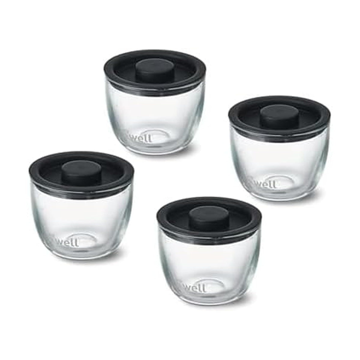 S'well front view of four 12oz glass prep bowls showing packaging and lids benefit organization