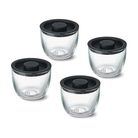 S'well front view of four 12oz glass prep bowls showing packaging and lids benefit organization