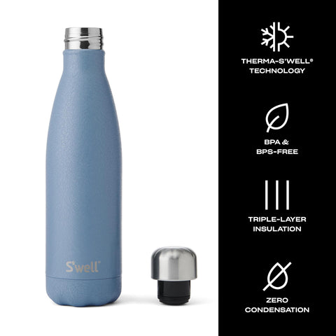 Close-up of S'well Desert Sky stainless finish highlighting durable, no-sweat exterior