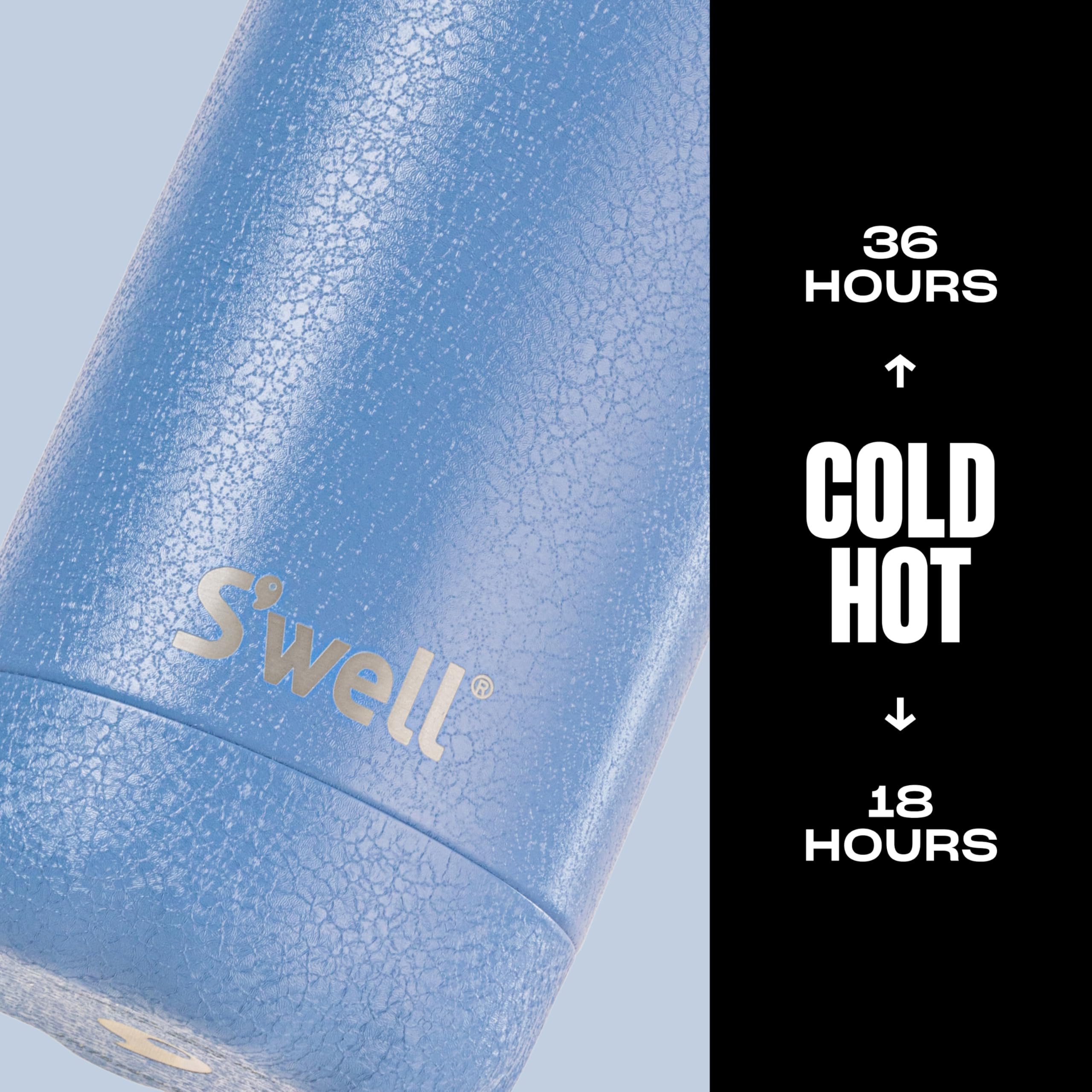 S'well bottle wide mouth with ice to show easy refills and cold retention benefit