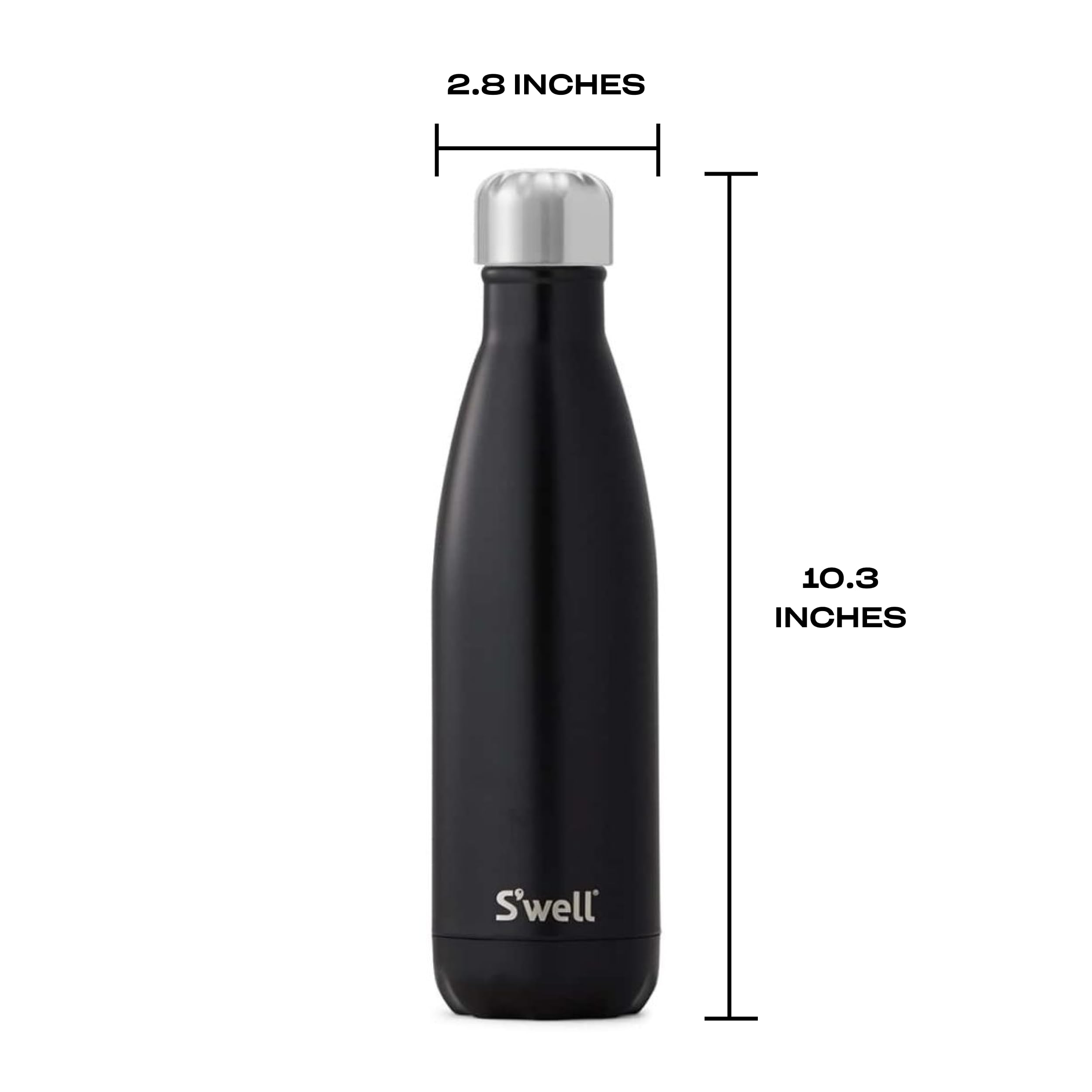 S'well bottle size comparison beside water glass showing compact 17oz capacity and travel-friendly fit