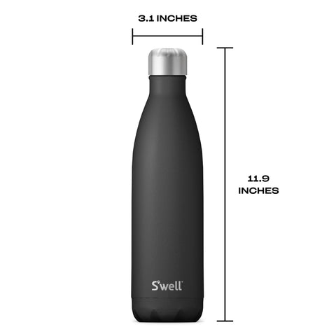 S'well onyx size comparison next to a water glass showing 25oz capacity convenience