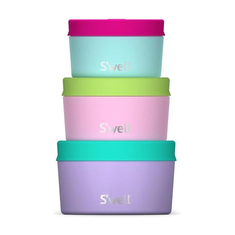 S'well front view of three pastel canisters showing sizes and modern style benefits