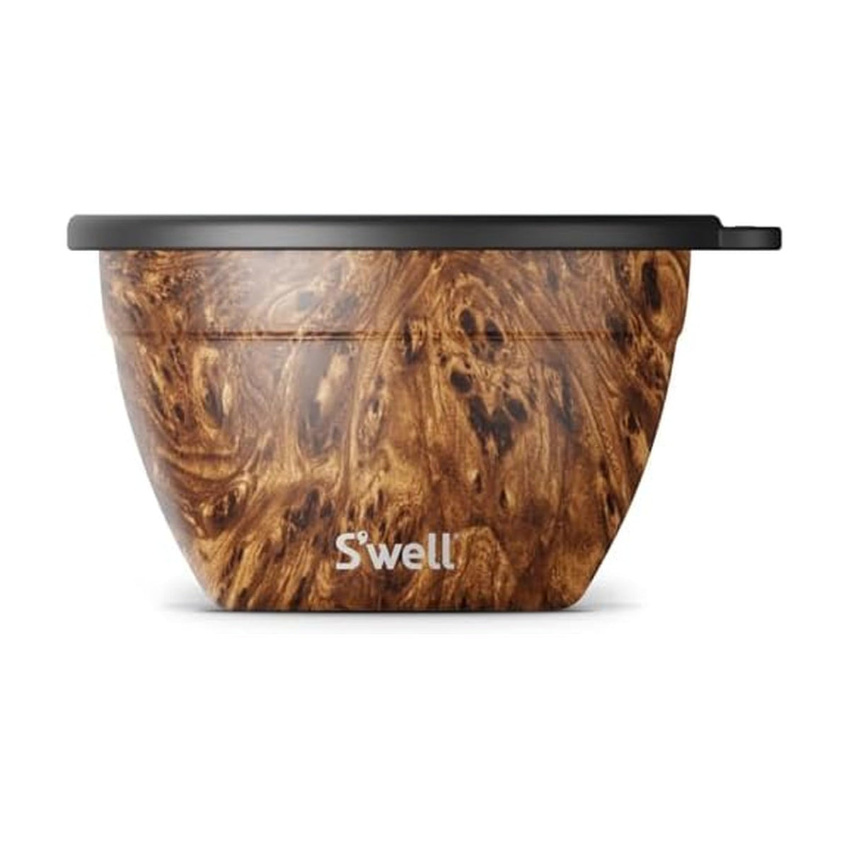 S'well front view of teakwood salad bowl showing capacity and finish benefit of style