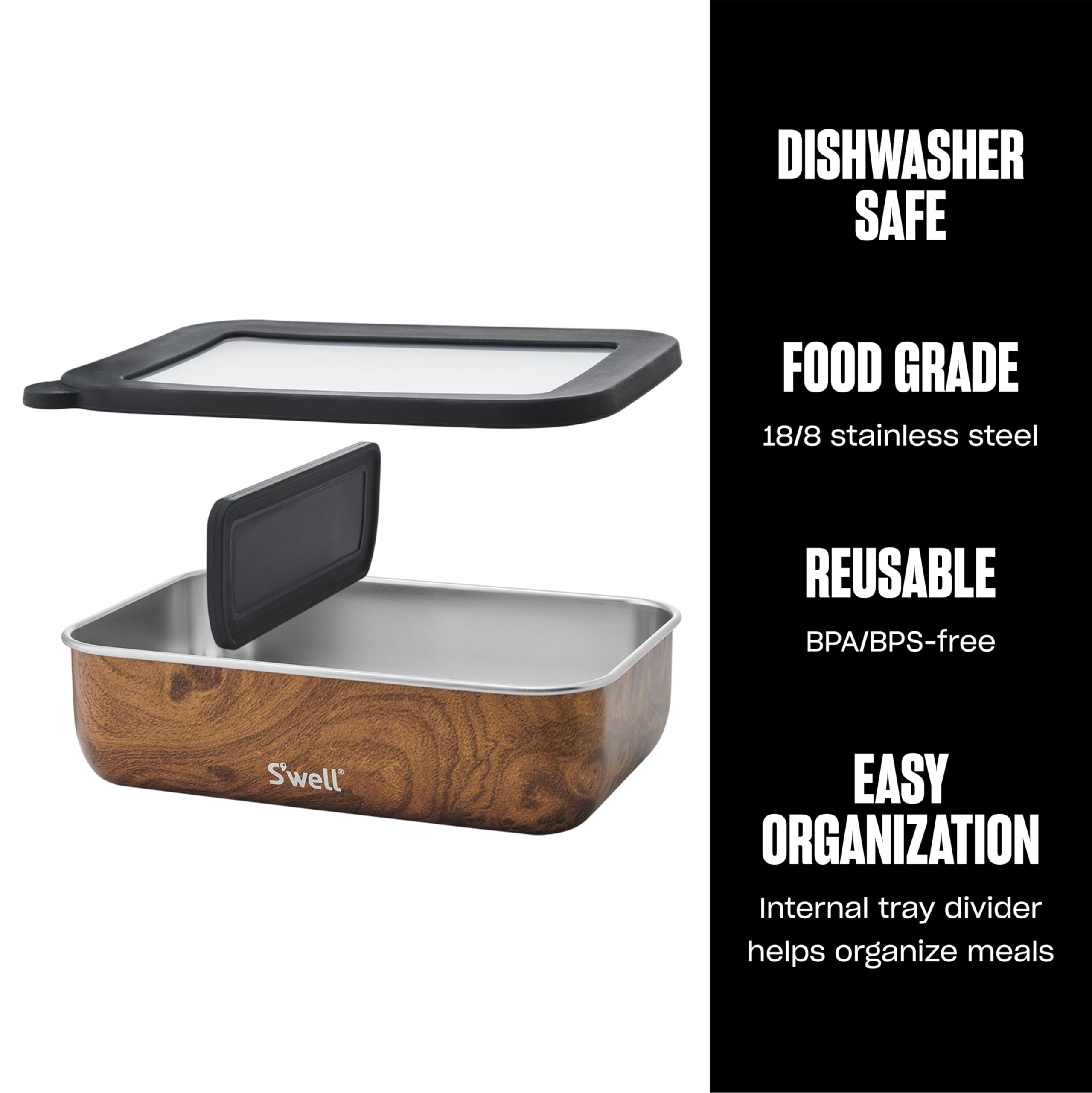 S'well bento open with removable divider demonstrating organized meal packing benefit