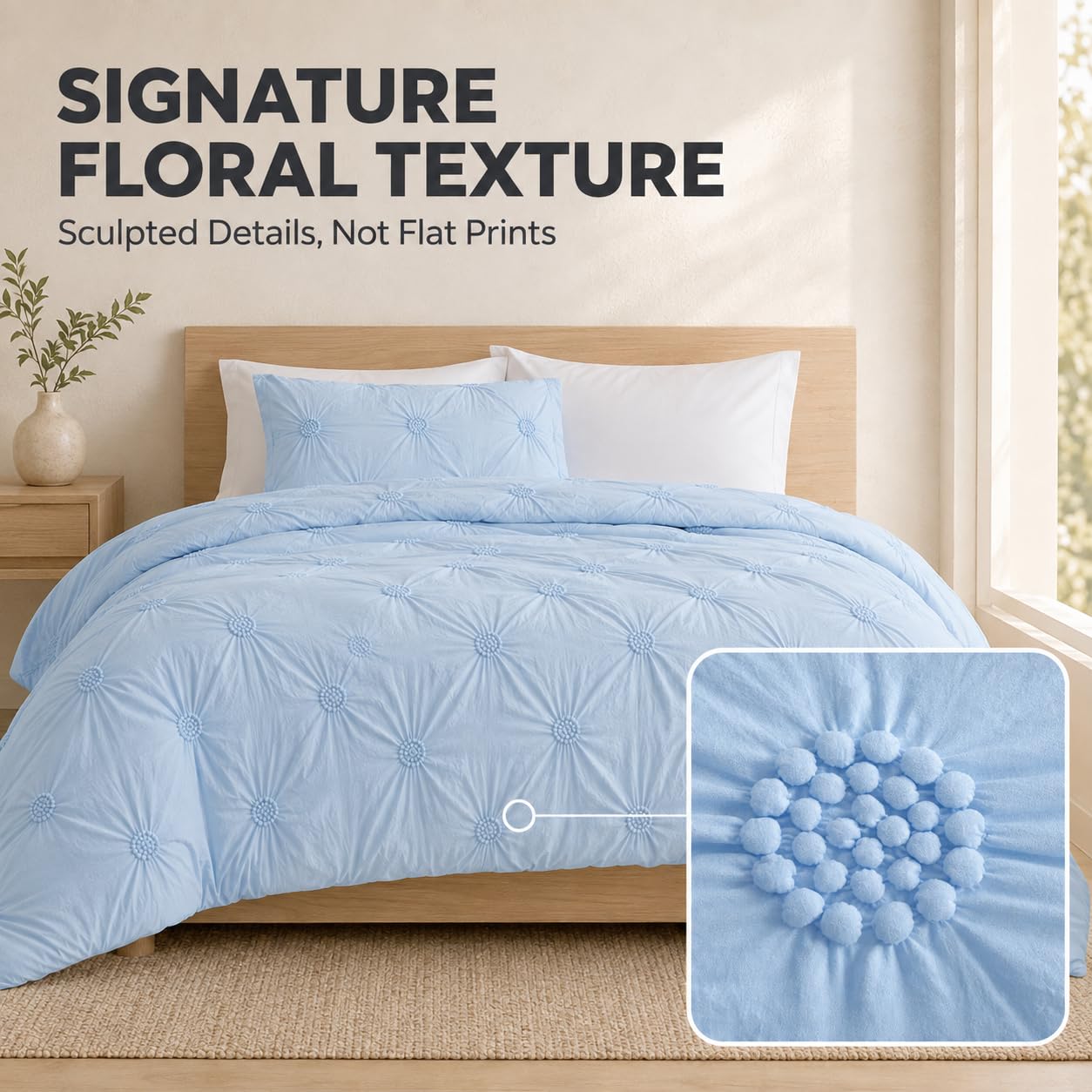 Swift Home close-up of 3D floral pintuck texture highlighting dimensional detail and cozy look