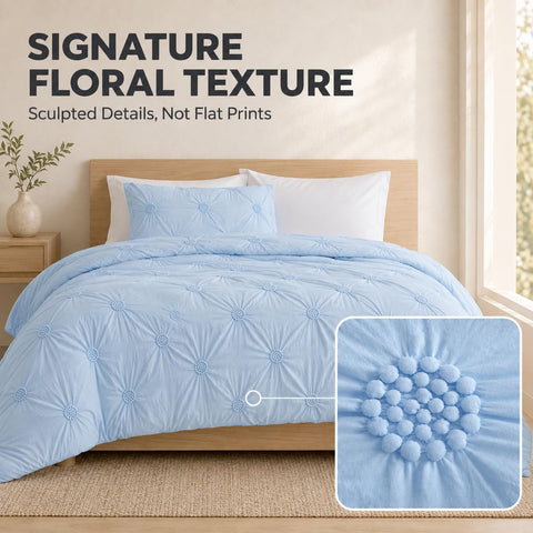 Swift Home close-up of 3D floral pintuck texture highlighting dimensional detail and cozy look