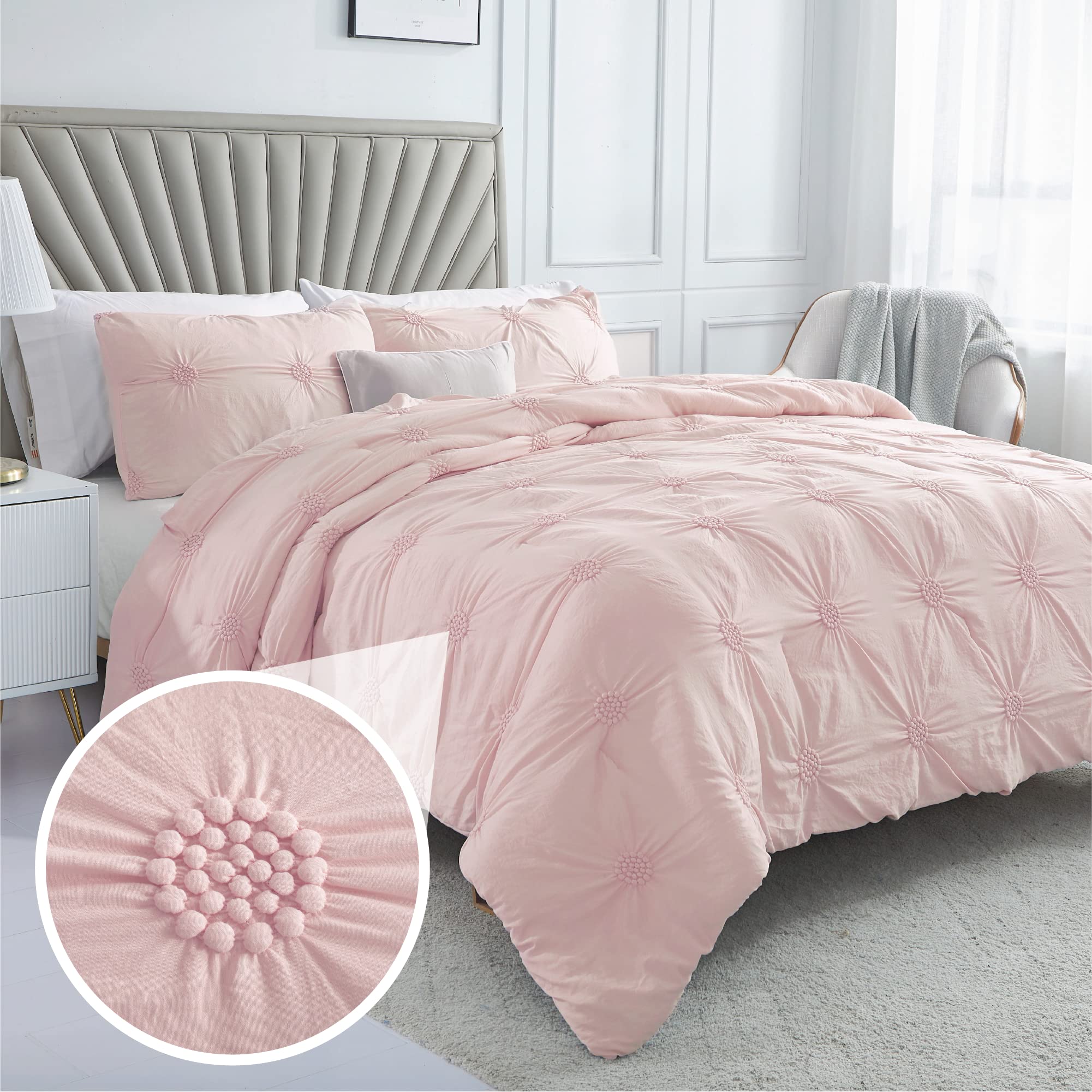 Swift Home king comforter front view showing ruched floral pintuck and blush tone for elegant bedding