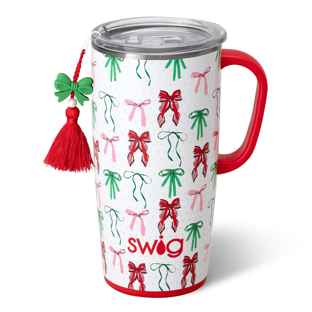 Swig Life 22oz front view shows colorful Ribbons and Bows print and branding benefit: stylish durability