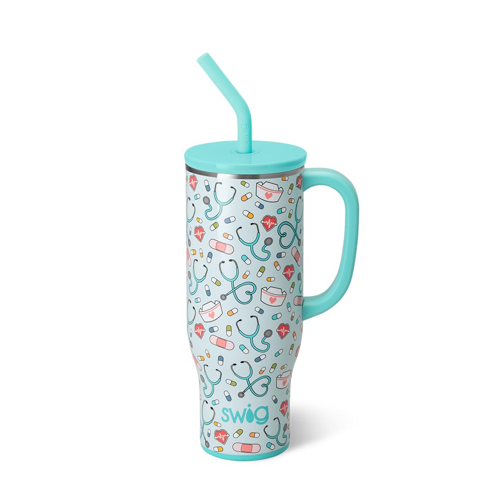 Swig Life front view of 30oz Scrub Life mug showing bold print and capacity benefit