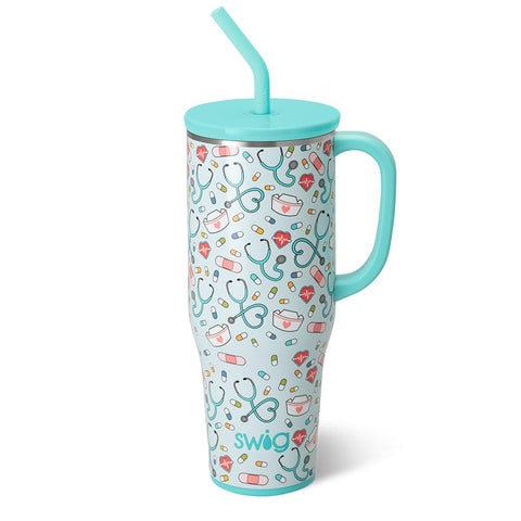 Swig Life front view of 40oz mug showing Scrub Life design and durable finish
