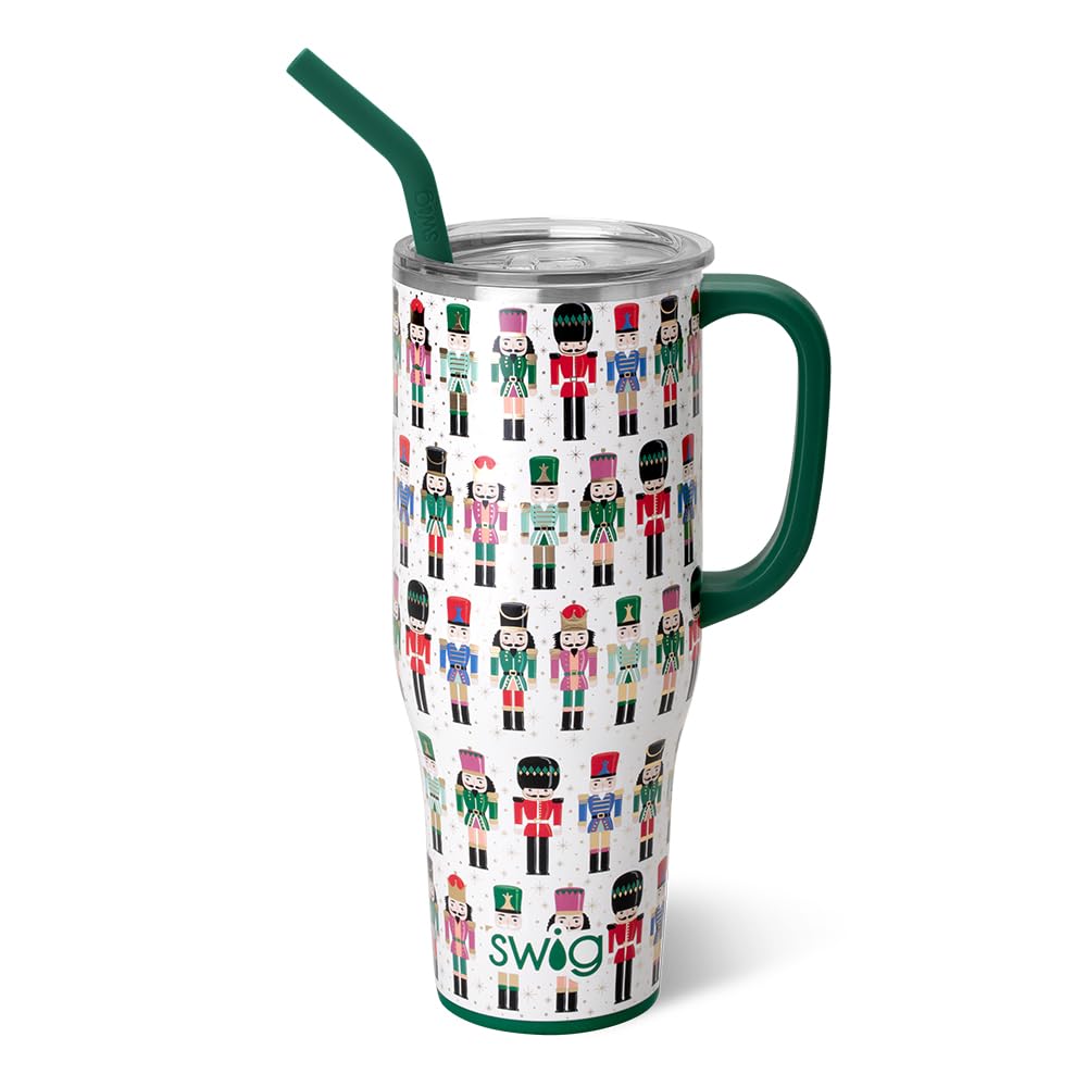 Swig Life front view of 40oz mega mug showing shape and classic Nutcracker design, durable and stylish