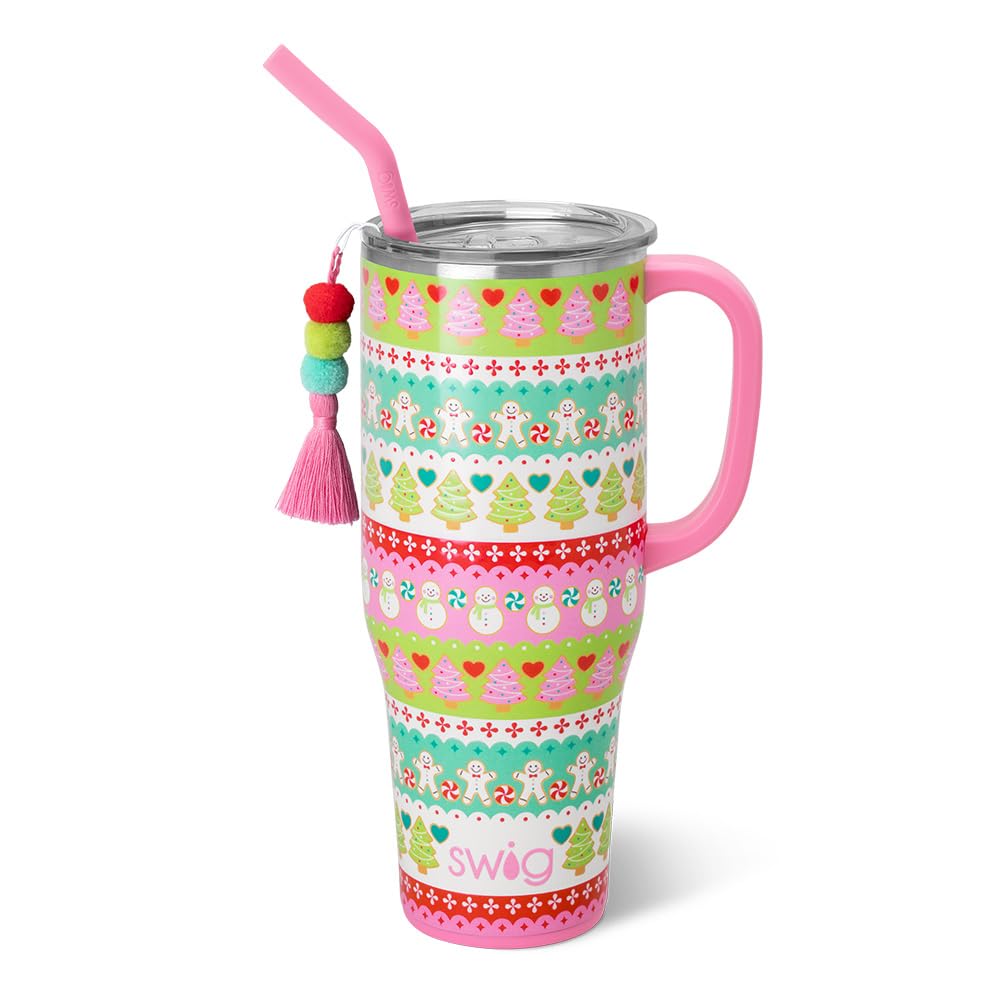 Swig Life mega mug front view showing durable stainless steel and large capacity benefit