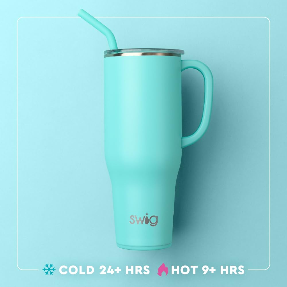 Swig Life wide-mouth opening with ice demonstrating easy refills benefit