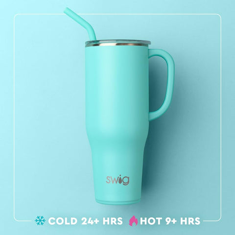 Swig Life interior view of 40oz mega mug with ice cubes showing wide mouth for easy filling