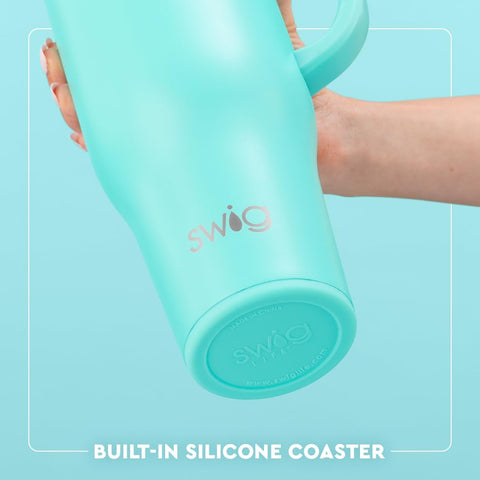 Swig Life mug next to hand showing 40oz capacity and real-world scale