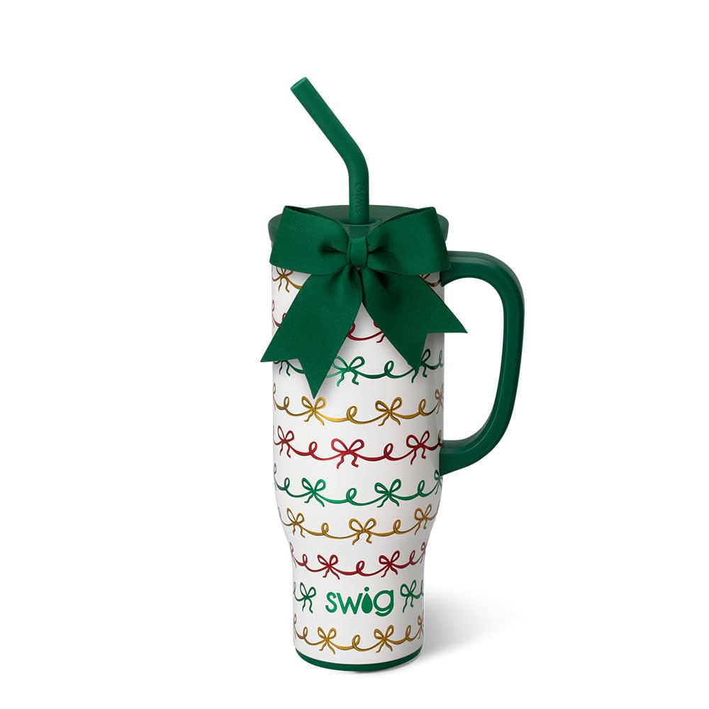 Swig Life front view of Christmas Bows tumbler showing festive design and capacity