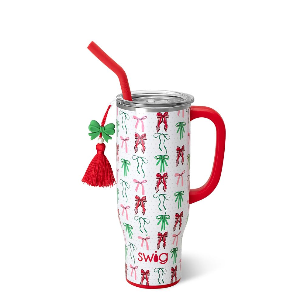 Swig Life front view of 30oz Mega Mug showing Ribbons and Bows print and large capacity benefit