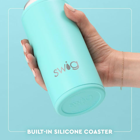 Swig Life base close-up showing built-in coaster that prevents slips and protects surfaces
