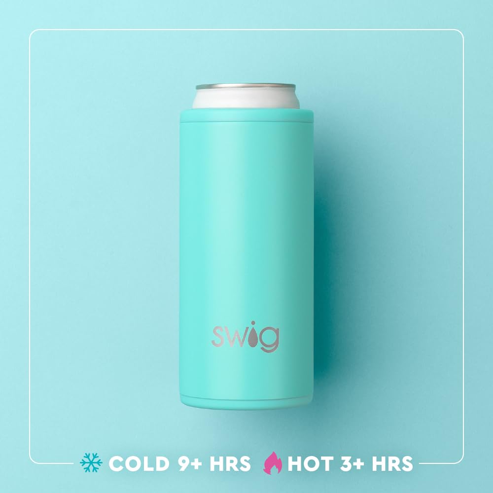 Swig Life cooler in use poolside keeping a slim seltzer cold and hands dry