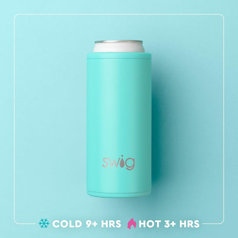 Swig Life cooler in use poolside keeping a slim seltzer cold and hands dry