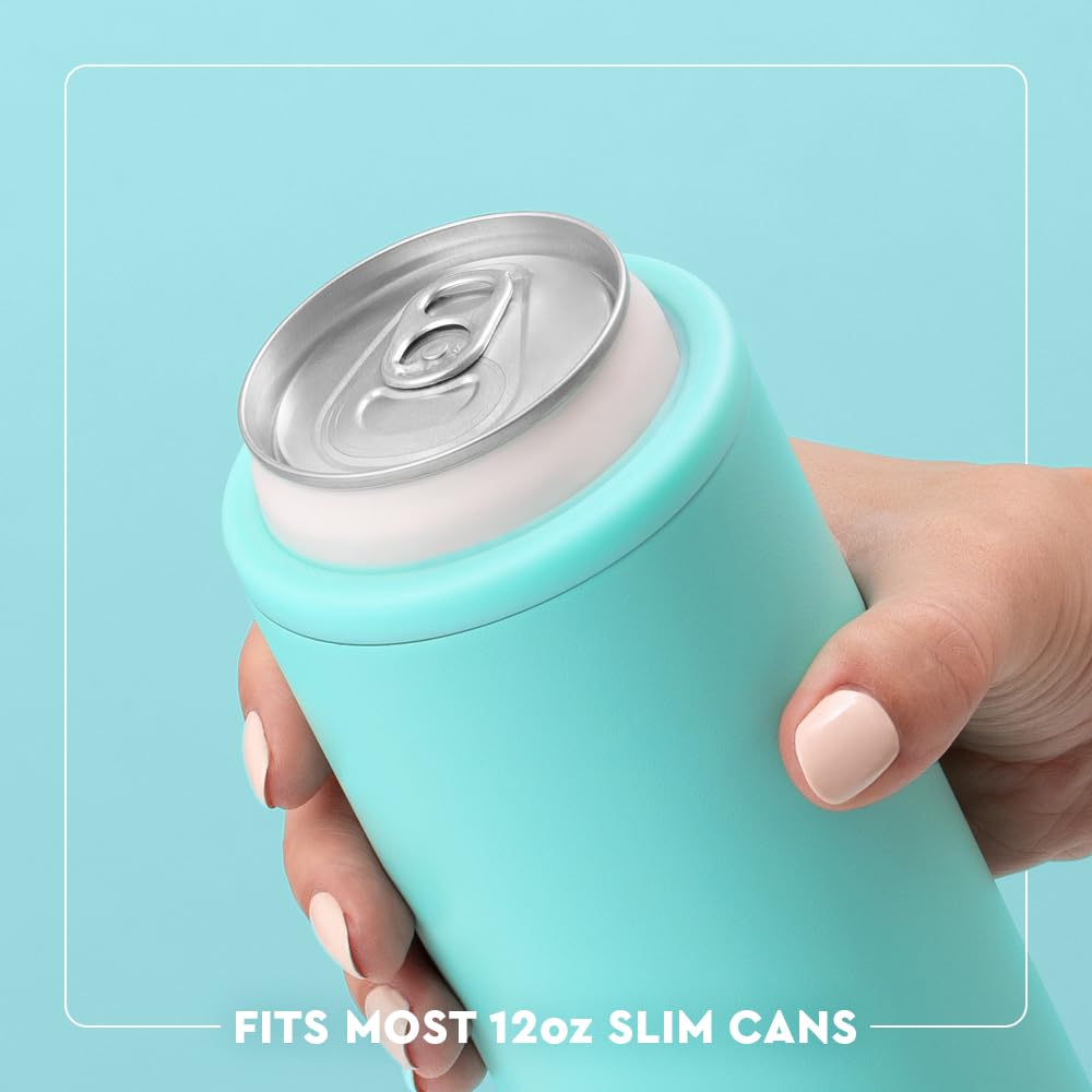 Swig Life cooler held in hand to show slim profile and easy one-handed use