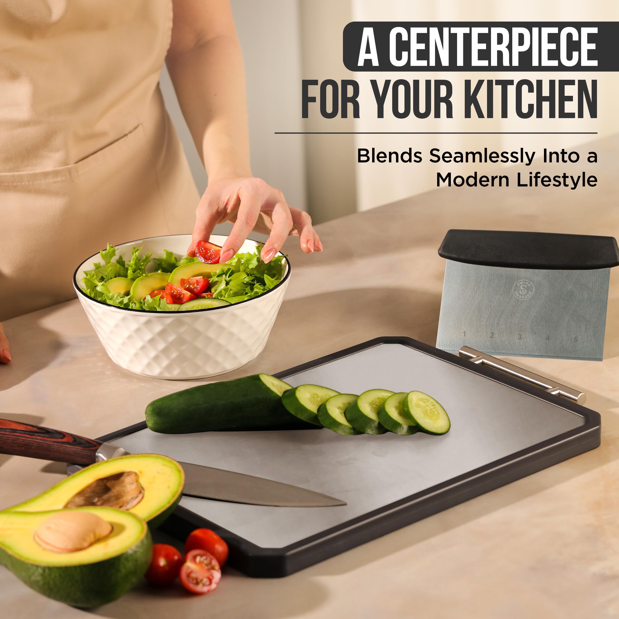 Swing & Swagger cutting board in use chopping vegetables to show spacious surface for efficient prep