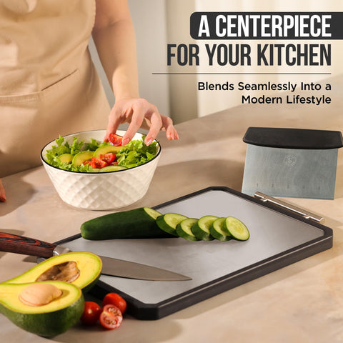 Swing & Swagger cutting board in use chopping vegetables to show spacious surface for efficient prep