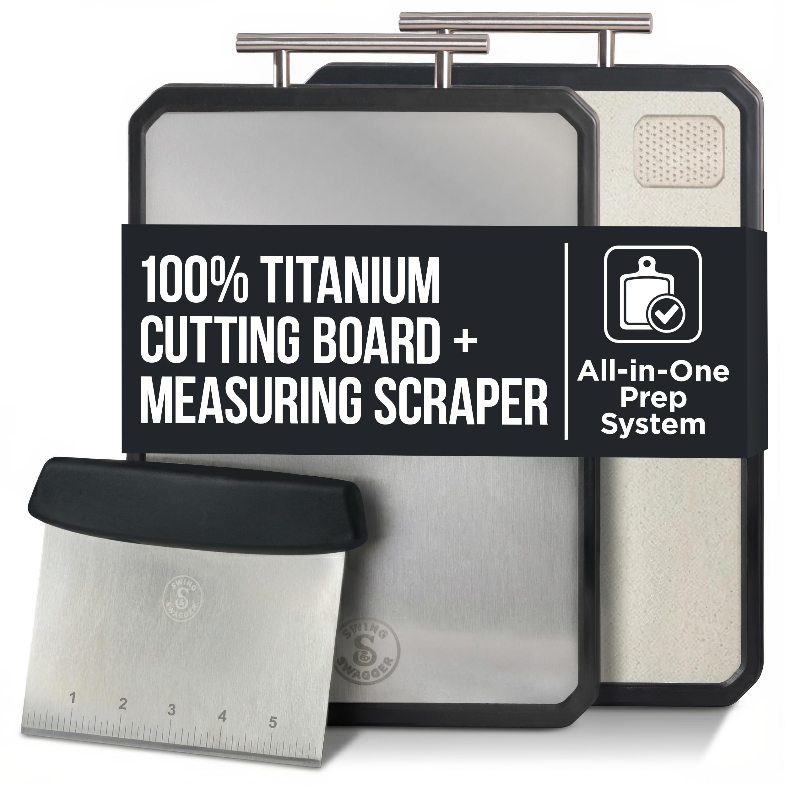 Swing & Swagger front view of titanium cutting board showing sleek prep surface and handle benefit easy cleaning