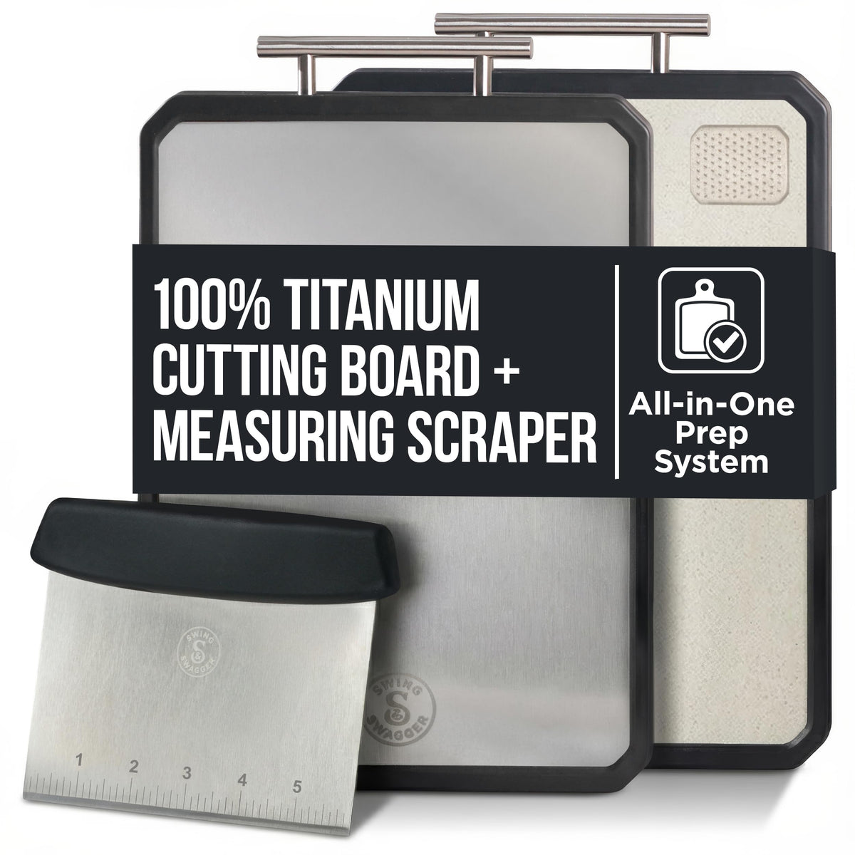 Swing & Swagger front view of titanium cutting board showing sleek prep surface and handle benefit easy cleaning