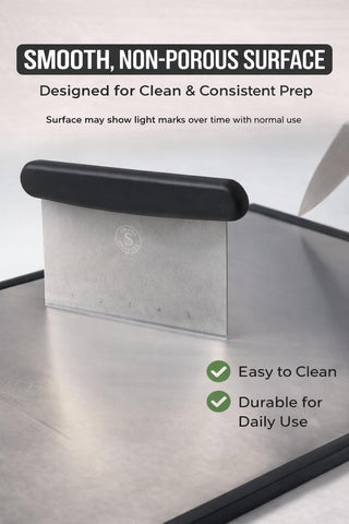Swing & Swagger board next to chef knife to show scale and generous 16x11-inch prep area benefit