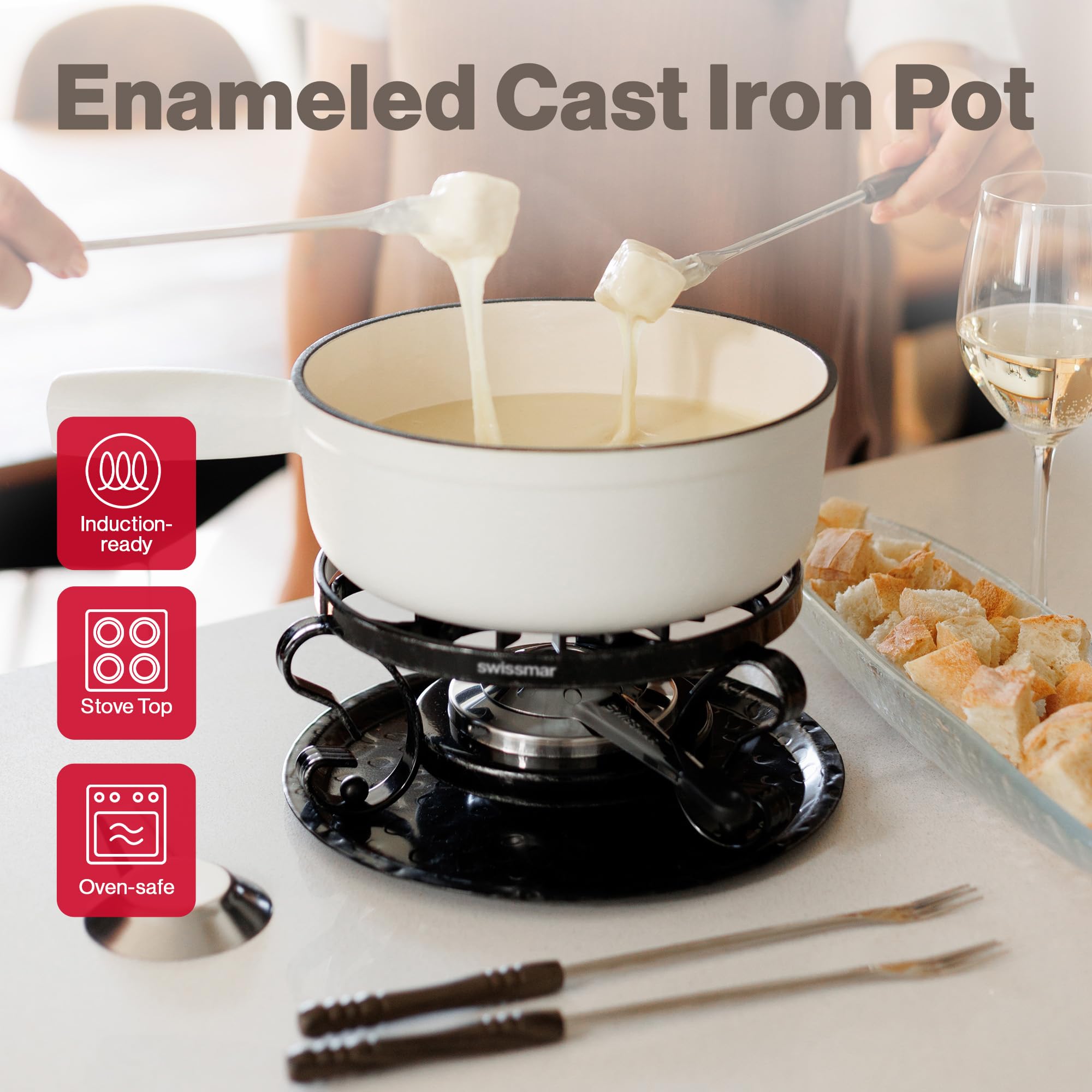 Swissmar cast iron pot top view displaying wide bottom for even heat distribution