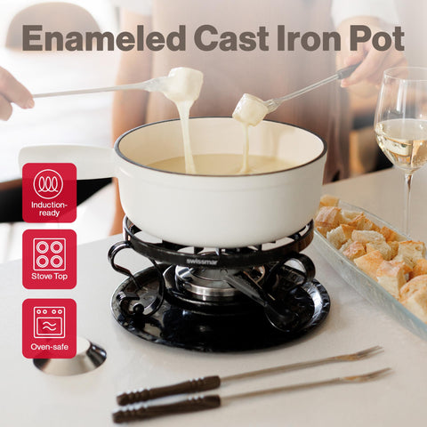 Swissmar cast iron pot top view displaying wide bottom for even heat distribution