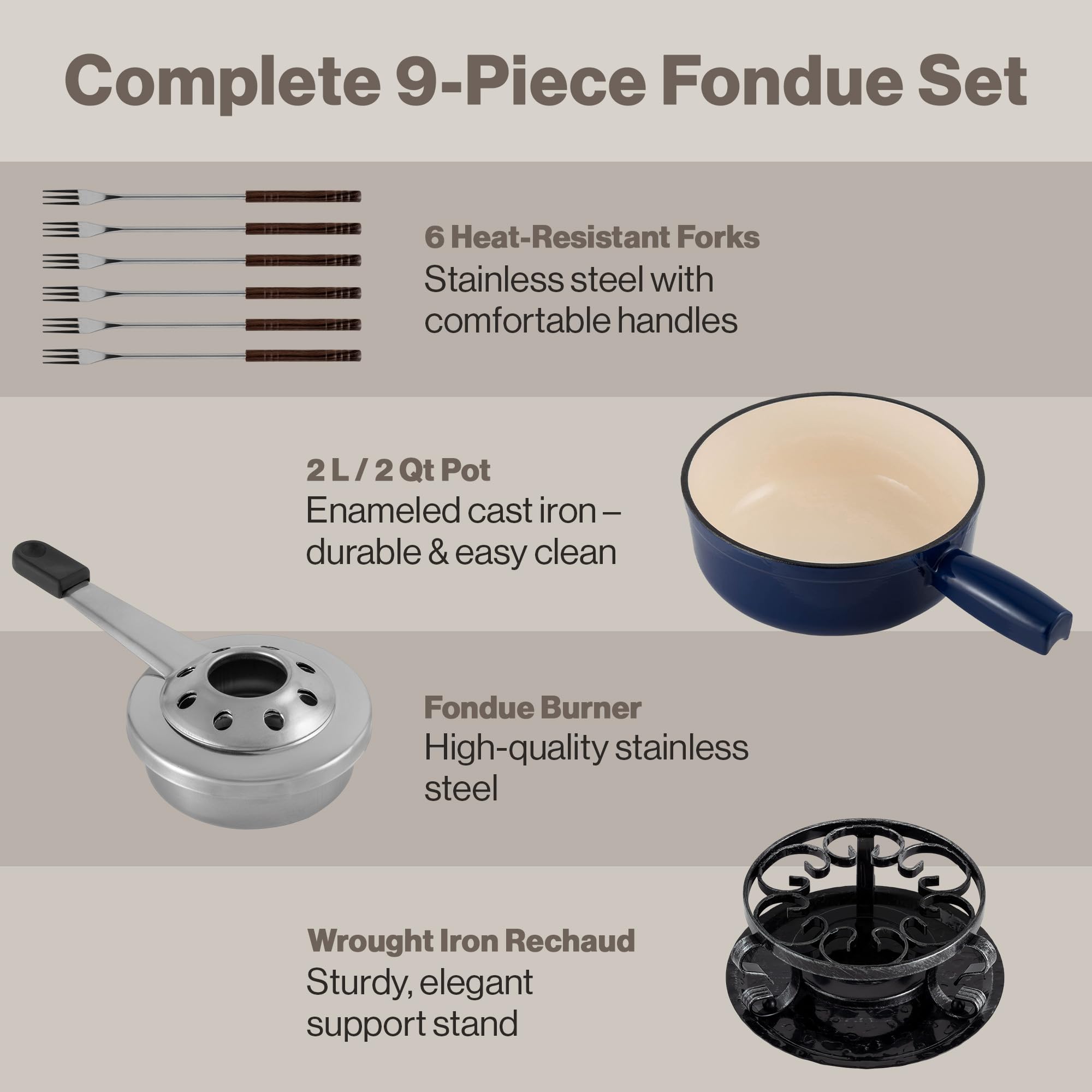 Swissmar Lugano cast iron pot on burner in use keeping fondue warm while serving