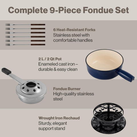 Swissmar Lugano cast iron pot on burner in use keeping fondue warm while serving